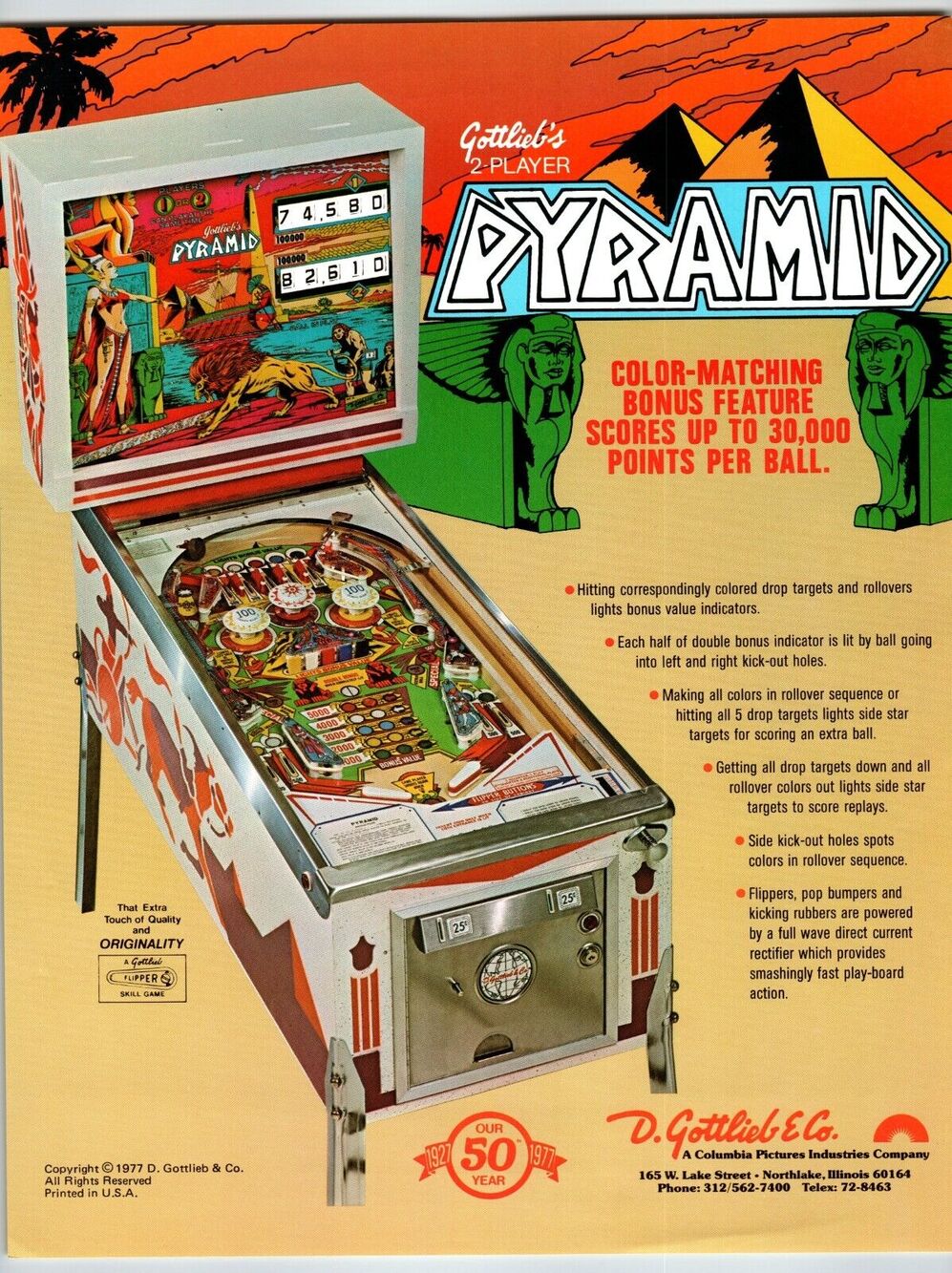 Pyramid Pinball FLYER Original 1977 Cleopatra Egyptian Lady Lion Artwork Vintage